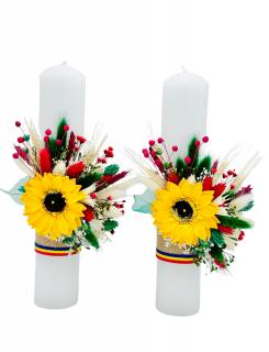 Set lumanari nunta sau botez traditionale cu plante uscate si floarea soarelui din foita de sapun (Multicolor)