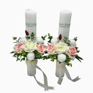 Set lumanari pentru cununie,  40 cm, cu flori din matase si plante naturale uscate -personalizabila cromatic si cu text