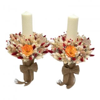 Set lumanari personalizabil, fagure, pentru nunta sau botez cu aranjament frontal cu plante naturale uscate, 40 cm