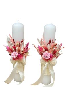 Set lumanari personalizabile, alb-roz, pentru nunta  cu aranjament frontal ,plante naturale uscate si miniroze criogenate,  30 cm