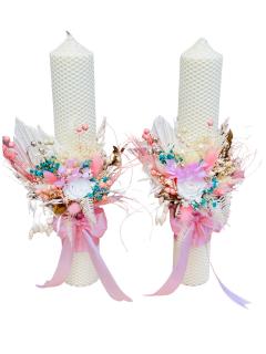 Set lumanari personalizabile, colorate, pentru nunta sau botez cu aranjament frontal cu trandafir criogenat si plante naturale uscate, 40 cm (Alb   Roz)