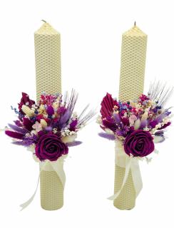 Set lumanari personalizabile, colorate, pentru nunta sau botez cu aranjament frontal cu trandafir din foita de sapun si plante naturale uscate, 40 cm (Mov)
