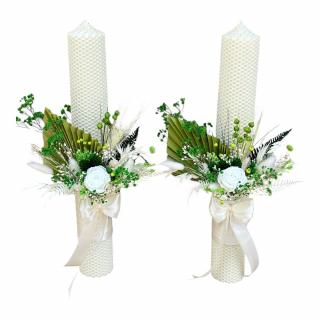 Set lumanari personalizabile, pentru cununie religioasa cu aranjament frontal cu trandafir criogenat si plante naturale uscate, 40 cm (Alb  verde)