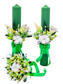 Set Lumanari si buchet pentru nunta, alb-verde, personalizabile cu nume si data, Plante Uscate ,Bumbac, Aranjament Frontal - Eventissimi