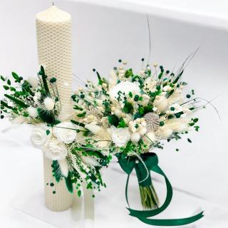 Set lumanari tip fagure si buchet cu trandafiri criogenati si plante naturale uscate si criogenate - Alb   Verde smarald