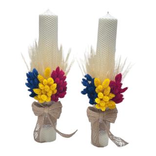 Set lumanari traditional, fagure, pentru nunta sau botez cu aranjament frontal cu plante naturale uscate, 40 cm (Tricolor)