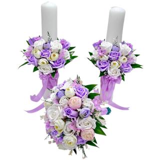 Set nunta, 2 lumanari personalizabile cu nume si data, 40 cm cu aranjament frontal, 1 buchet mediu cu 19 trandafiri  (Multicolor)
