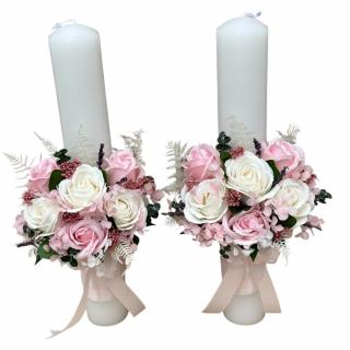 Set nunta, 2 lumanari personalizabile cu nume si data decorate cu flori din foita de sapun si flori stabilizate 40 cm (Multicolor)