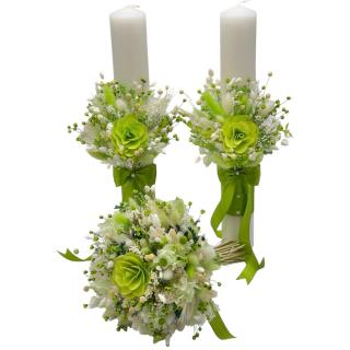 Set pentru nunta cu buchet si lumanari din parafina , cu  plante naturale uscate  - alb-verde