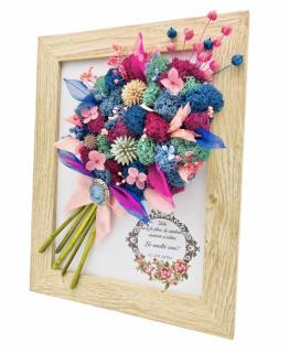 Tablou cu buchet flori in rama din licheni, frunze fosilizate si plante naturale criogenate si uscate, Eventissimi, Personalizabil, Multicolor predominant roz, 19 x 24 cm