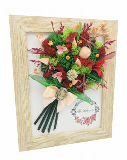 Tablou cu buchet flori in rama din licheni, frunze fosilizate si plante naturale criogenate si uscate, Eventissimi, Personalizabil, Multicolor, predominant verde, 19 x24 cm