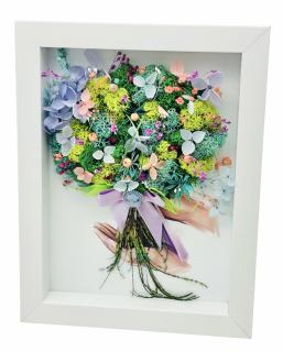 Tablou cu buchet flori in rama din licheni si plante naturale criogenate si uscate, Eventissimi, Personalizabil, Multicolor, 19 cm x 24 cm