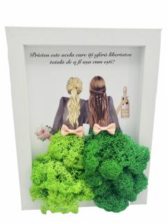 Tablou cu licheni in rama, Pentru Prietenie, Eventissimi, Personalizabil, Verde si Alb, 19 x 24 cm