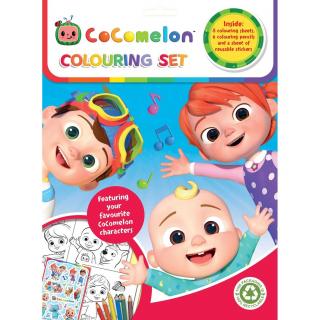 Set 8 fise de colorat cu stickere si 6 creioane Cocomelon Colouring Set Alligator AB3310CMCS2