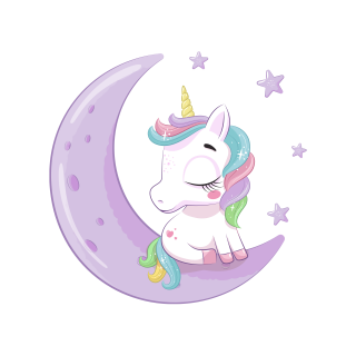 Sticker decorativ perete, camera copii, living, PVC, Baby Unicorn On Moon, 46 x 45 cm