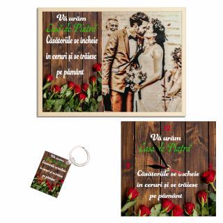 Set Cadou Personalizat Casatorie Tablou Ceas 2 Breloc