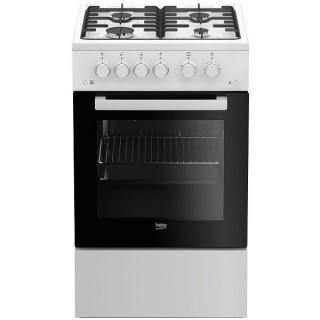 Aragaz Beko FSGT52110DWO, 4 arzatoare, Gaz, Aprindere electrica plita cuptor, Siguranta plita si cuptor, Rotisor, Timer, 50 cm, Alb