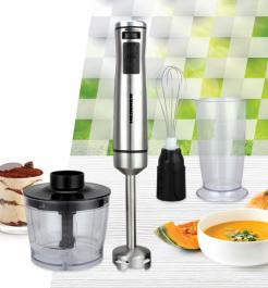 BLENDER DE MANA HEINNER HHB-DC1000SSBK, 1000W, MOTOR DC, VITEZA VARIABILA + TURBO, PICIOR BLENDER INOX, LAME INOX, ACCESORII: TEL, TOCATOR, CANA MIXAT, NEGRU CU INSERTII INOX