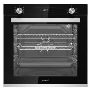 Cuptor incorporabil Samus SCE827GCF, 80 L, 2500 W, 7 Functii, Timer digital, Grill electric, Ventilator, Clasa energetica A, Curatare catalitica, Sticla neagra