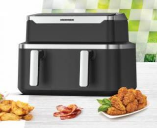 Friteuza dubla cu aer cald Heinner HAF-DDB9BK26, putere: 2600W, capacitate: 9L, control digital individual, temperatura: 80-220 grade C, timer 60 min, 10 programe presetate, auto-oprire, negru Arata