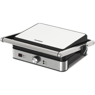 Gratar electric Heinner HEG-K2000SS, 2000W, Placi fixe cu invelis antiaderent, Dimensiuni placi: 30 X 24.9 cm, Temperatura reglabila, Maner rece, Deschidere 180Es, Indicatoare luminoase a,  zONa,  ť Č,  i a