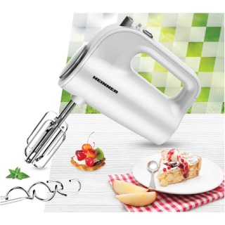 Mixer de mana Heinner HM-300WH, 300W, 5 Viteze, Functie Turbo, Accesorii din Inox, Alb