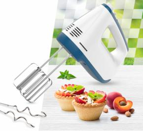 MIXER DE MANA HEINNER HM-400BL, PUTERE: 400W, 2 TELURI SI 2 CARLIGE DIN INOX, 6 VITEZE + TURBO, SELF STAND, ALB + ALBASTRU