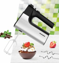 MIXER DE MANA HEINNER HM-500BKSS, 500W, VITEZA VARIABILA, ACCESORII: TELURI SI CARLIGE DIN INOX, NEGRU CU DECORATIUNI INOX