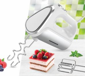 MIXER DE MANA HEINNER HM-DC800WH, 800W, MOTOR DC, 6 VITEZE + TURBO, ACCESORII: TELURI SI CARLIGE DIN INOX, BUTON EJECTOR, ALB CU DECORATIUNI INOX