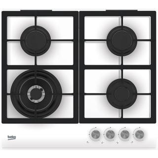 Plita incorporabila Beko HILW64225SW, Gaz, 4 arzatoare, Wok, High-Efficiency Gas Burner, Gratar de fonta, 58.5 cm, Alb