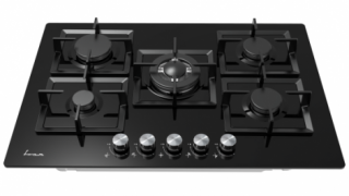 Plita incorporabila Fram FBH-M705IWF-GBK, Gaz, 5 arzatoare, Gratar fonta, Wok, Aprindere electrica, Dispozitiv de siguranta, 75 cm, Sticla neagra
