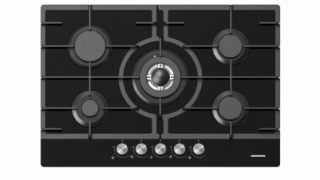 Plita incorporabila Heinner HBH-M705IWFGBK, Gaz, 5 arzatoare, Gratar fonta, Wok, Aprindere electrica, Dispozitiv de siguranta, 75 cm, Sticla neagra