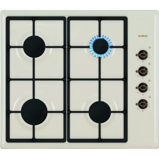 Plita incorporabila Samus PS650VS,4 arzatoare pe gaz,Gratare din fonta,Panou de control lateral,Sisteme de siguranta la arzatoare,Aprindere electrica,Bej