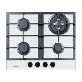 Plita incorporabila Samus PSG-64SG3 White,4 arzatoare pe gaz,Gratare din fonta ,Panou de control frontal,Sisteme de siguranta la arzatoare,Aprindere electrica ,Sticla alba