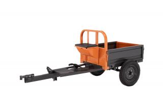 Remorca pentru motocultor O-Mac RM 40, 105 cm latime, 400 kg capacitate incarcare,panouri detasabile,basculare manuala,frana individuala,suspensie pe foi de arc,gri-portocaliu