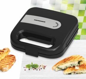 Sandwich maker Heinner SM-K750FSBK, putere: 750W, capacitate: 2 sandwich-uri, placi sandwich fixe anti-aderente, indicator luminos ON si   gata de folosire  , protectie supraincalzire, maner rece, spati