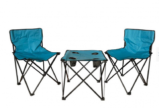 Set 2 scaune cu masa pentru camping HEINNER, DSC001, pliabile, tesatura poliester cu cadru otel, masa cu suport pentru pahare integrat, albastru