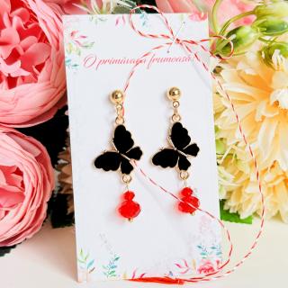 Martisor Cercei Fluturi Negri Cristale Rosii