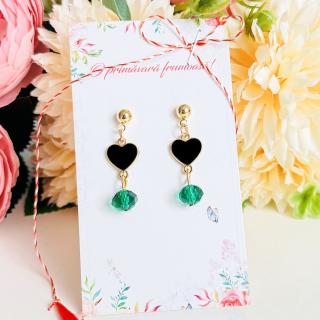 Martisor Cercei Inimi Negre Cristale Verde Smarald
