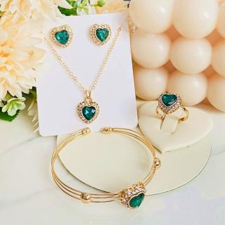 Set Colier, Bratara, Cercei, Inel - Green Emerald Heart