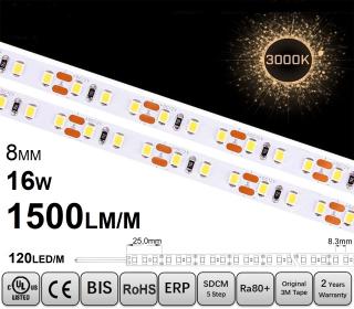 Banda LED ,   120 LED   m ,   12V ,   16W ,   3000K ,   IP20 ,   1500lm ,   8mm ,    Versiunea PRO