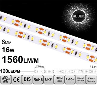 Banda LED ,   120 LED   m ,   12V ,   16W ,   4000K ,   IP20 ,   1560lm ,   8mm ,    Versiunea PRO