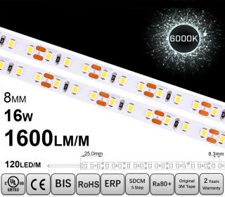 Banda LED ,   120 LED   m ,   12V ,   16W ,   6000K ,   IP20 ,   1600lm ,   8mm ,   Versiunea PRO