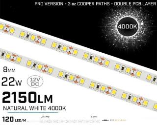 Banda LED ,   120 LED   m ,   12V ,   22W ,   4000K ,   IP20 ,   2150lm ,   8mm ,   3 oz Versiunea PRO