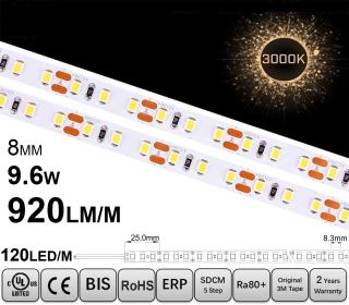 Banda LED ,   120 LED   m ,   12V ,   9.6W ,   3000K ,   IP20 ,   920lm ,   8mm ,   Versiunea PRO