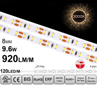 Banda LED ,   120 LED   m ,   12V ,   9.6W ,   3000K ,   IP66 ,   920lm ,   8.3mm ,    Versiunea PRO