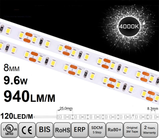 Banda LED ,   120 LED   m ,   12V ,   9.6W ,   4000K ,   IP20 ,   940lm ,   8mm ,   Versiunea PRO