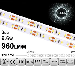 Banda LED ,   120 LED   m ,   12V ,   9.6W ,   6000K ,   IP20 ,   960lm ,   8mm ,   Versiunea PRO