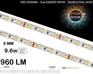 Banda LED 60LED m 1m ,   12V ,   9.6W ,   2700K - 6000K ,   IP20 ,   960lm ,   Ra80 ,   8mm ,   Versiunea PRO 3oz