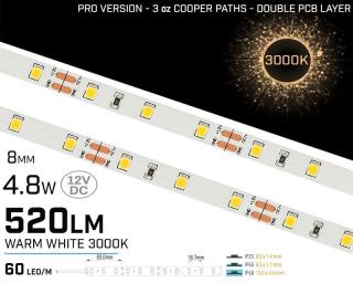 Banda LED alb cald ,   60 LED   m ,   12V ,   4,8W ,   3000K ,   IP20 ,   520lm ,   8mm ,   3 oz Versiunea PRO